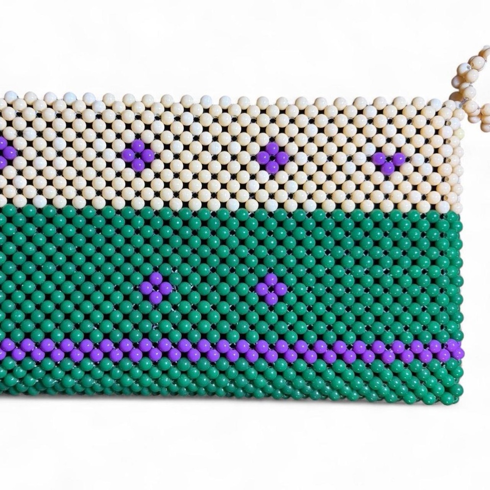 Vintage Beaded Clutch Bag in Cream, Green & Purple - Picture 3 of 8